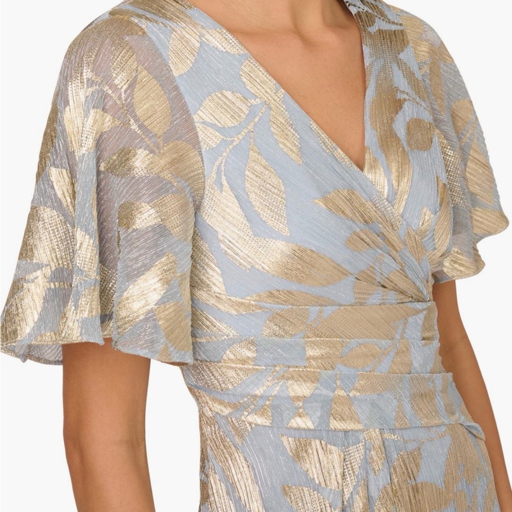 Adrianna Papell Blue and Gold Metallic Floral High-Low Dress